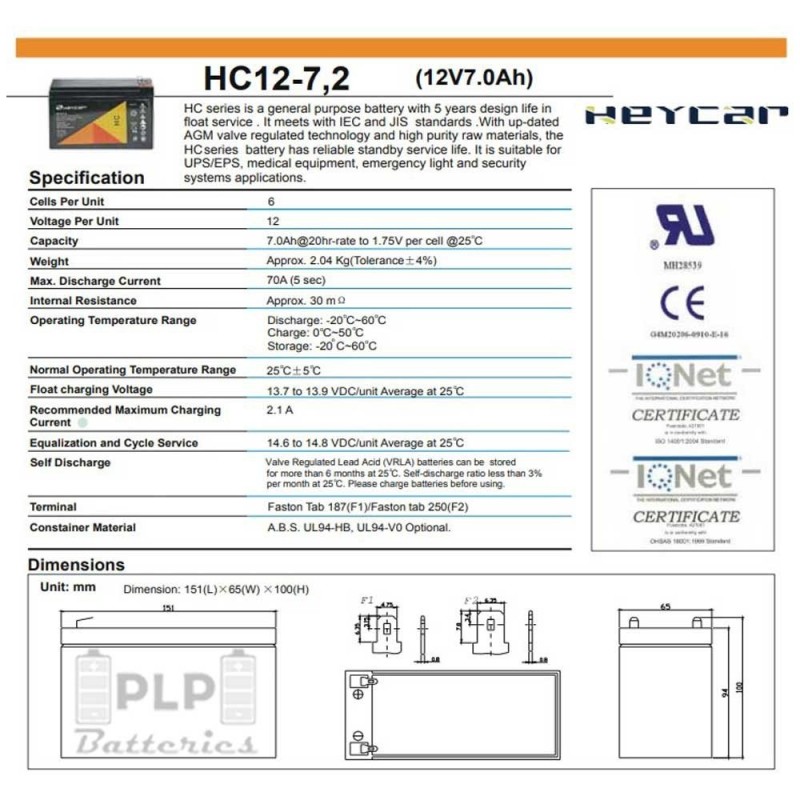 Batería AGM Heycar 12V 7Ah Alarmas | Comprar Online | PLP Batteries