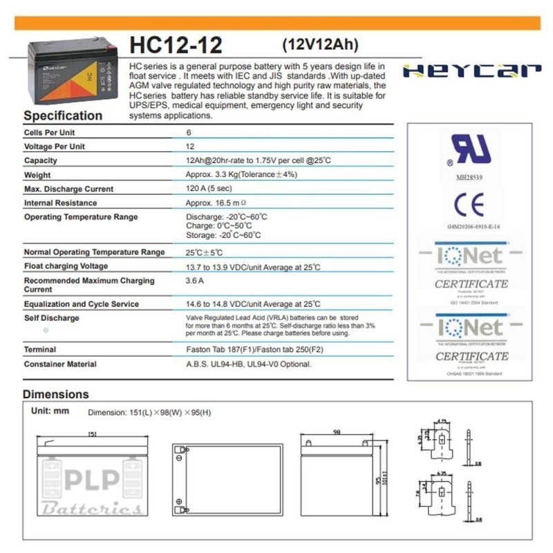 Heycar HP12-12 AGM 12v 12Ah AGM Lead Acid Battery UPS