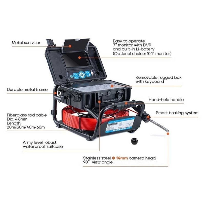 Recommended inspection camera for swimming pools Robuscam Mini with transmitter at 512 Hz